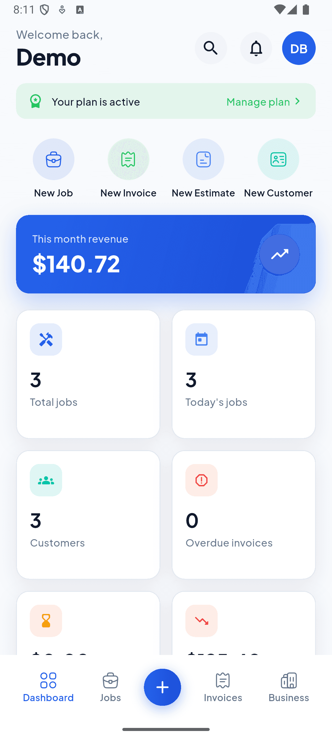 JobPro field service management app dashboard showing jobs, invoices, and revenue at a glance