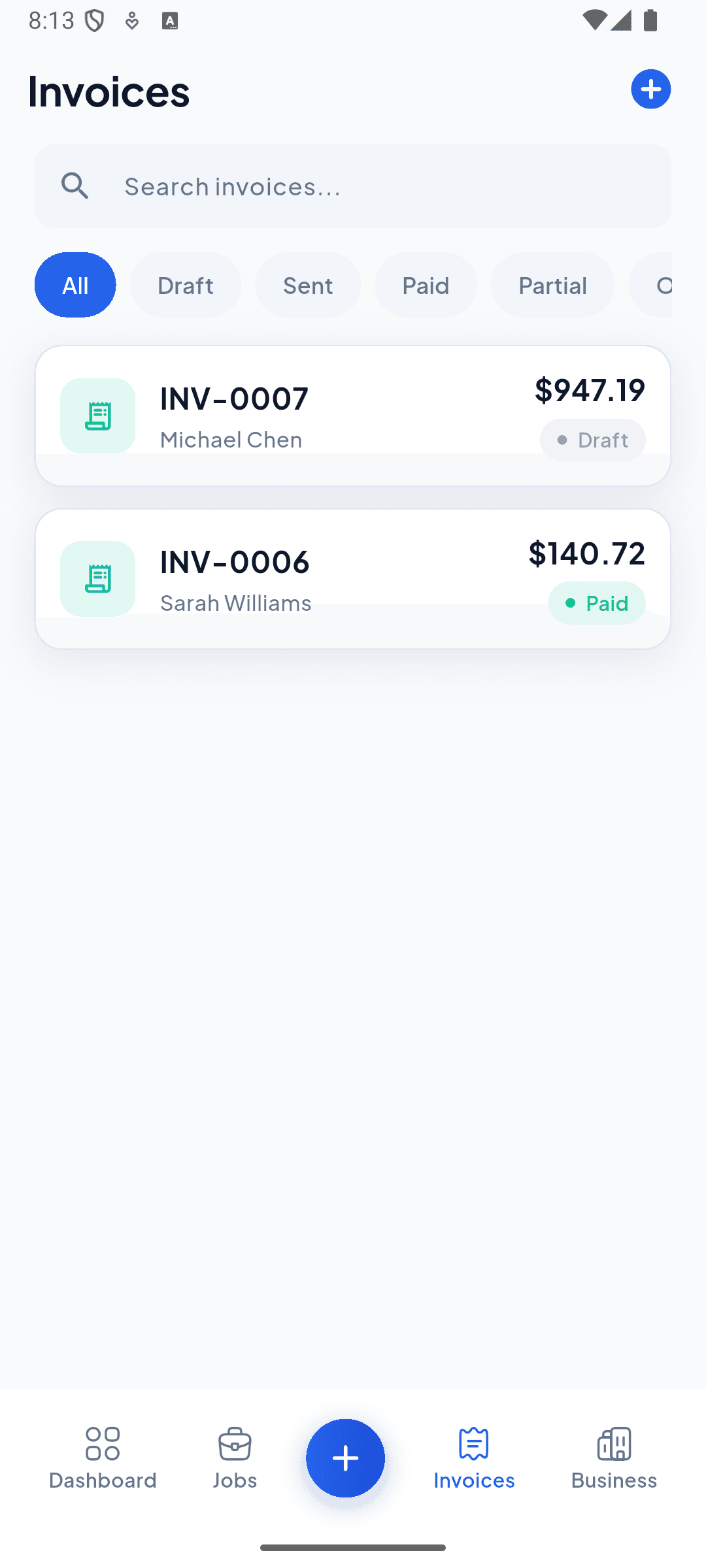 JobPro invoicing app screen listing draft and paid invoices for customers