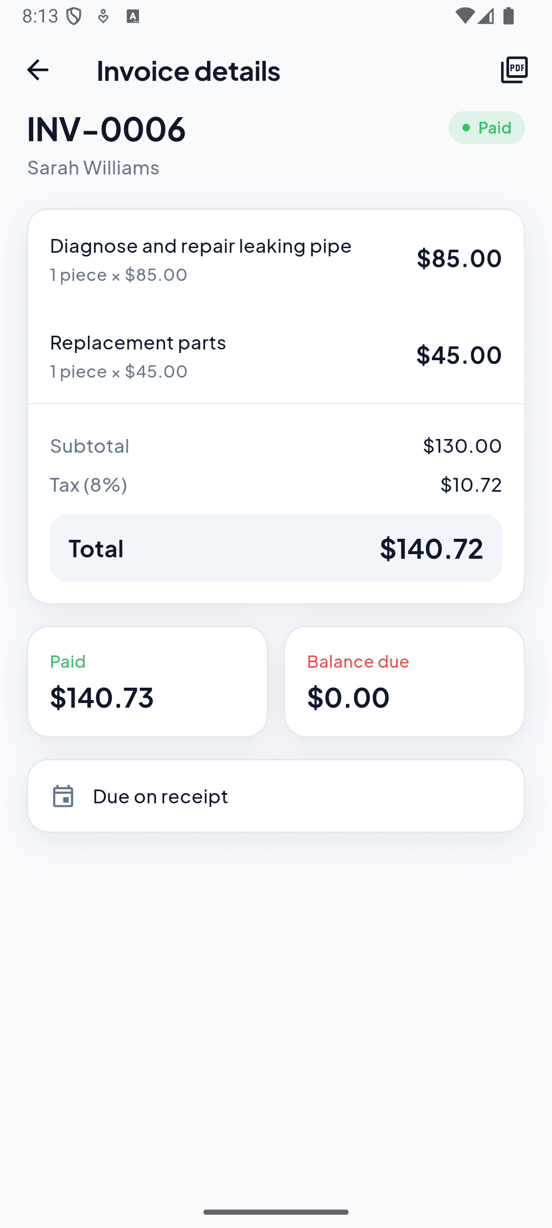 JobPro invoice detail screen showing line items, tax, total due, and payment status