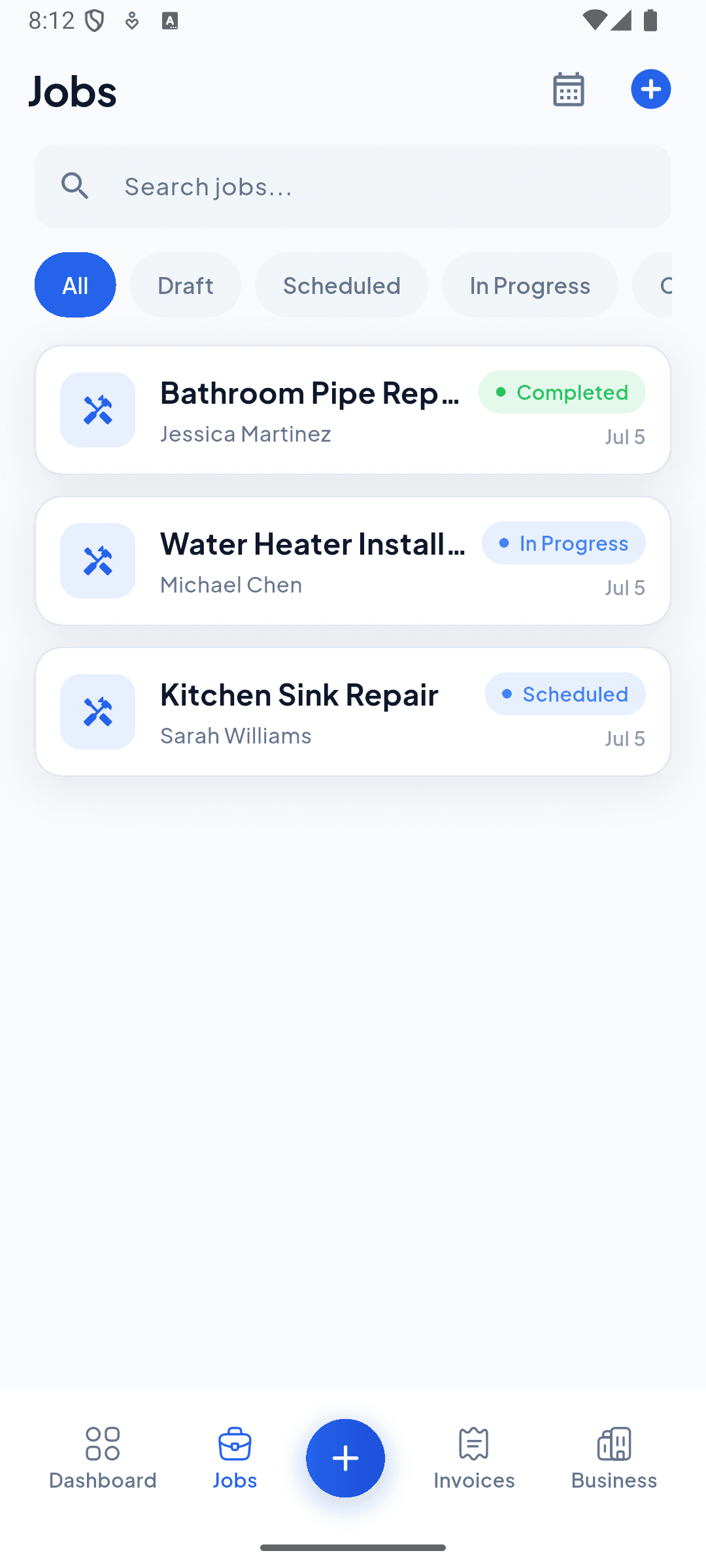 JobPro job scheduling screen listing scheduled, in-progress, and completed jobs for a service business
