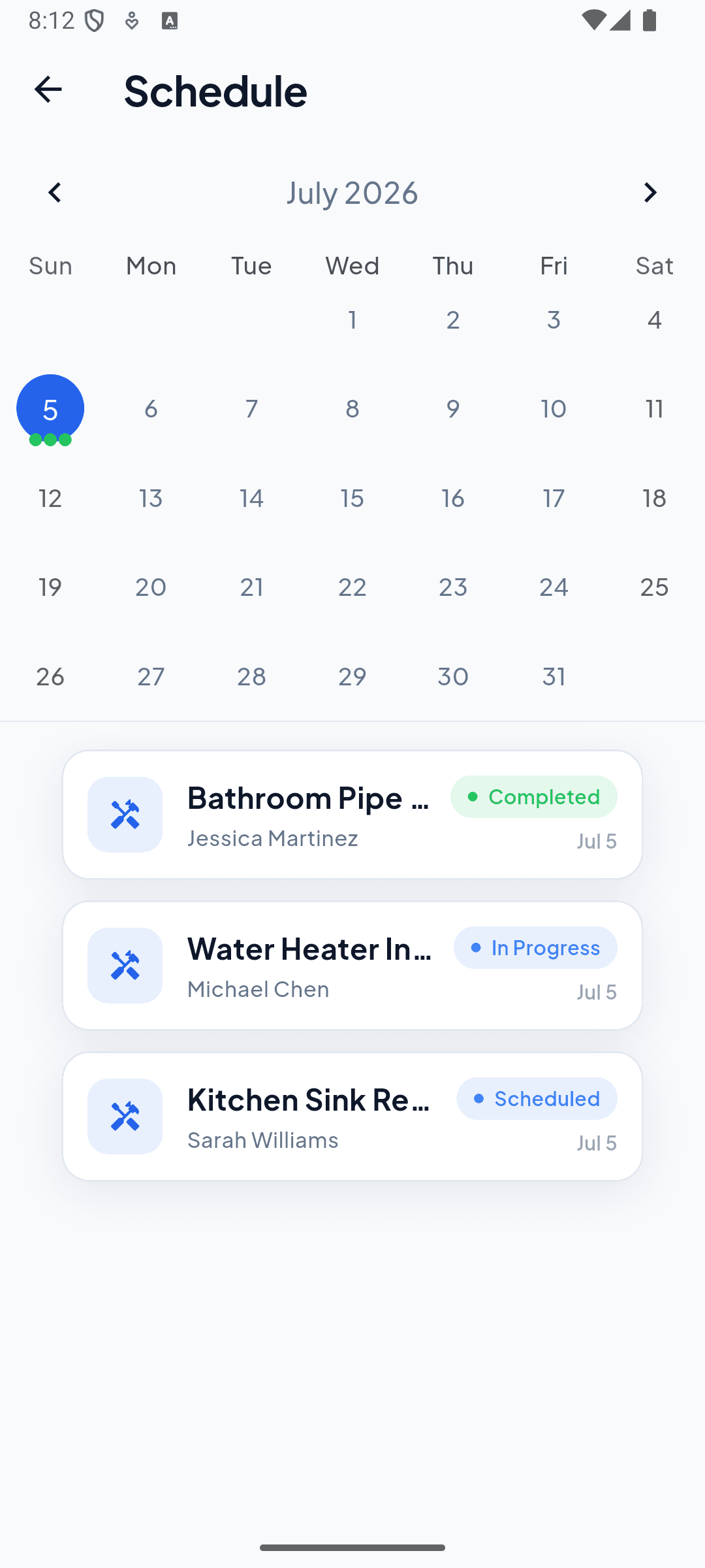 JobPro calendar view showing scheduled field service jobs by day