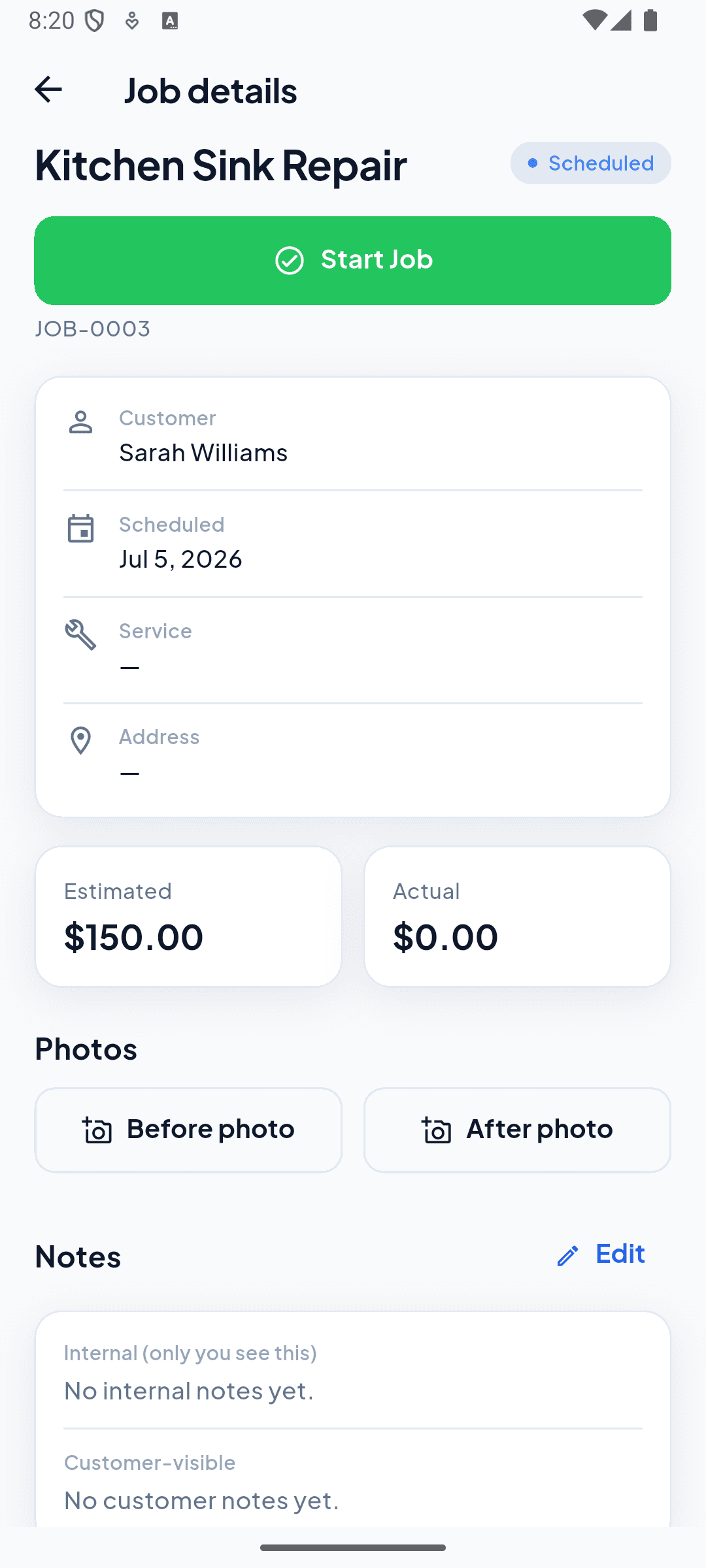 JobPro job detail screen with before/after photo uploads, internal notes, and customer tags